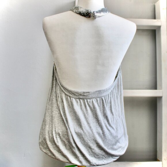 Express Vintage Y2K Gray & Silver Sequin Open-Back Halter Top Size Large - Picture 4 of 5